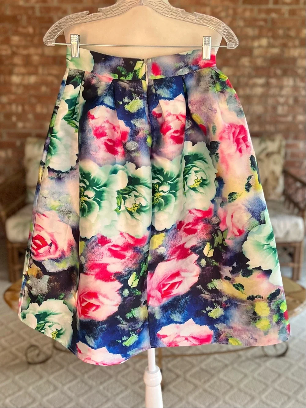 Akira Chicago Floral Multicolor Taffeta Pleated Full Midi Skirt S Retro Party